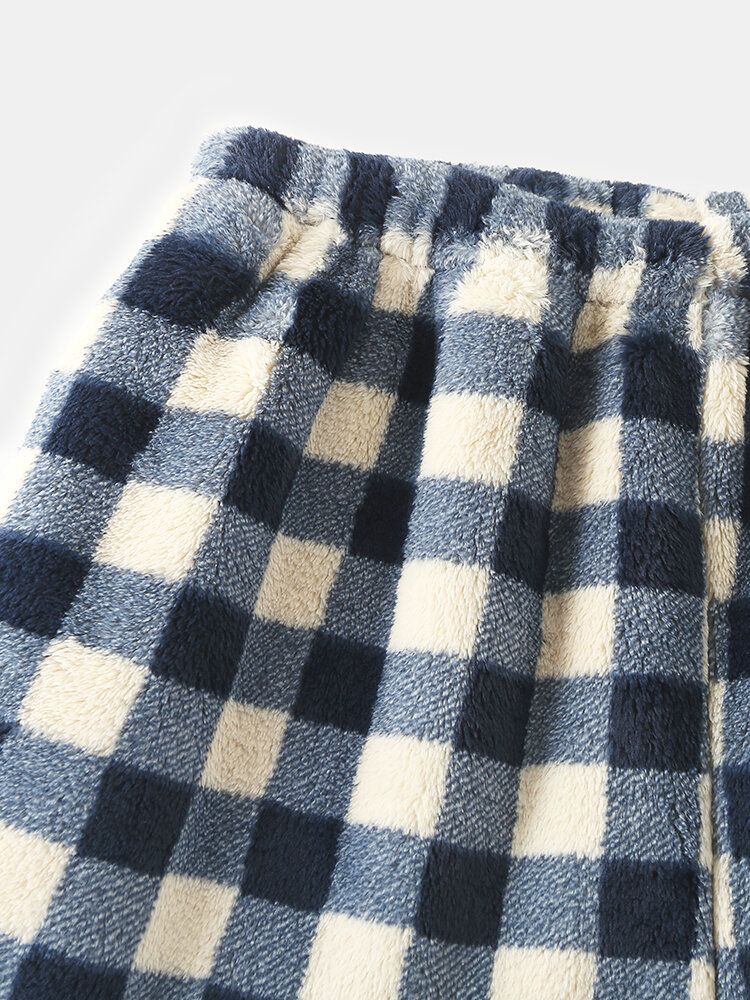 Pantalones De Dormir Para El Hogar Con Cintura Elástica Gruesa Y Franela A Cuadros Para Hombre Con Bolsillo