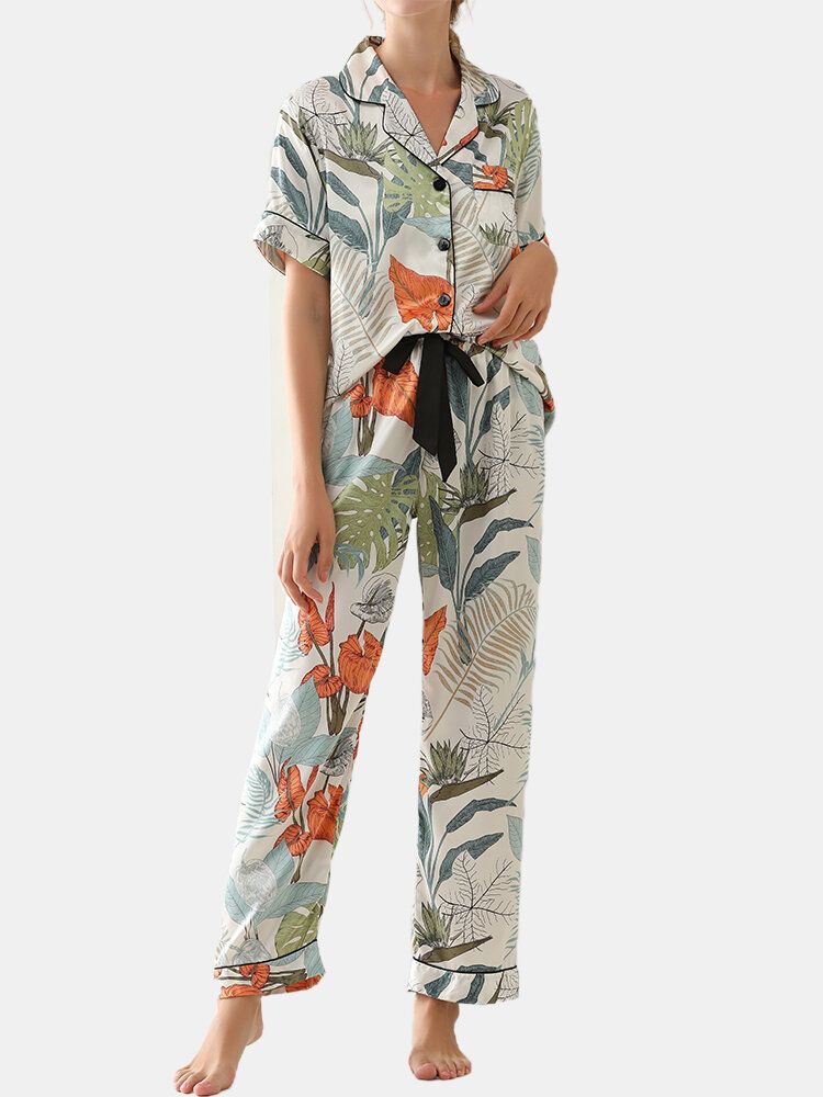 Pantalones De Manga Corta Con Estampado De Hojas Tropicales Para Mujer Conjunto De Pijama Informal De Seda Sintética Para El Hogar