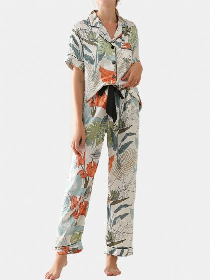 Pantalones De Manga Corta Con Estampado De Hojas Tropicales Para Mujer Conjunto De Pijama Informal De Seda Sintética Para El Hogar