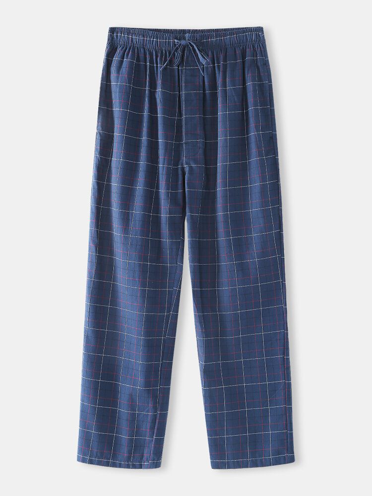 Pantalones De Pijama Para El Hogar Con Cordón Y Bolsillo Con Estampado Simple A Cuadros De Algodón Para Hombre