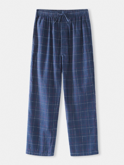 Pantalones De Pijama Para El Hogar Con Cordón Y Bolsillo Con Estampado Simple A Cuadros De Algodón Para Hombre