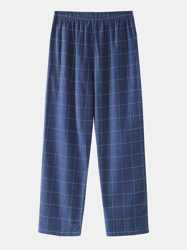 Pantalones De Pijama Para El Hogar Con Cordón Y Bolsillo Con Estampado Simple A Cuadros De Algodón Para Hombre