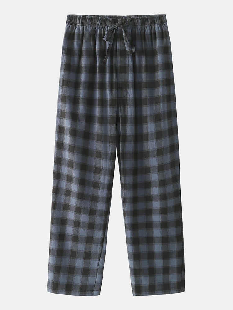 Pantalones De Pijama Para El Hogar Con Cordón Y Bolsillo Con Estampado Simple A Cuadros De Algodón Para Hombre