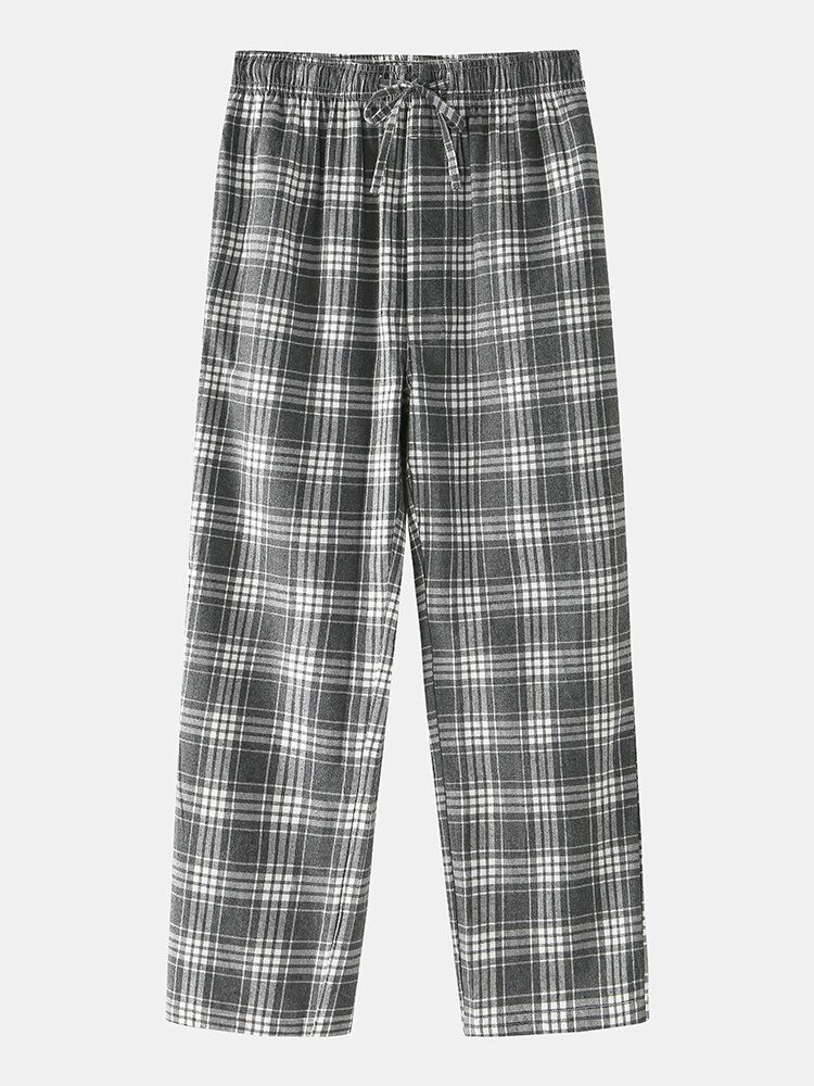 Pantalones De Pijama Para El Hogar Con Cordón Y Bolsillo Con Estampado Simple A Cuadros De Algodón Para Hombre