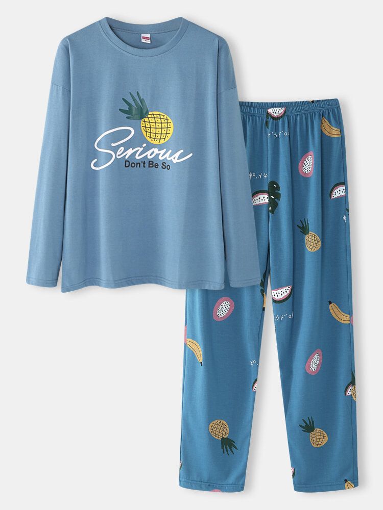 Pantalones Sueltos Con Cuello Redondo Y Estampado De Frutas De Dibujos Animados Para Mujer Conjuntos De Pijamas De Algodón Cómodos De Talla Grande Para El Hogar