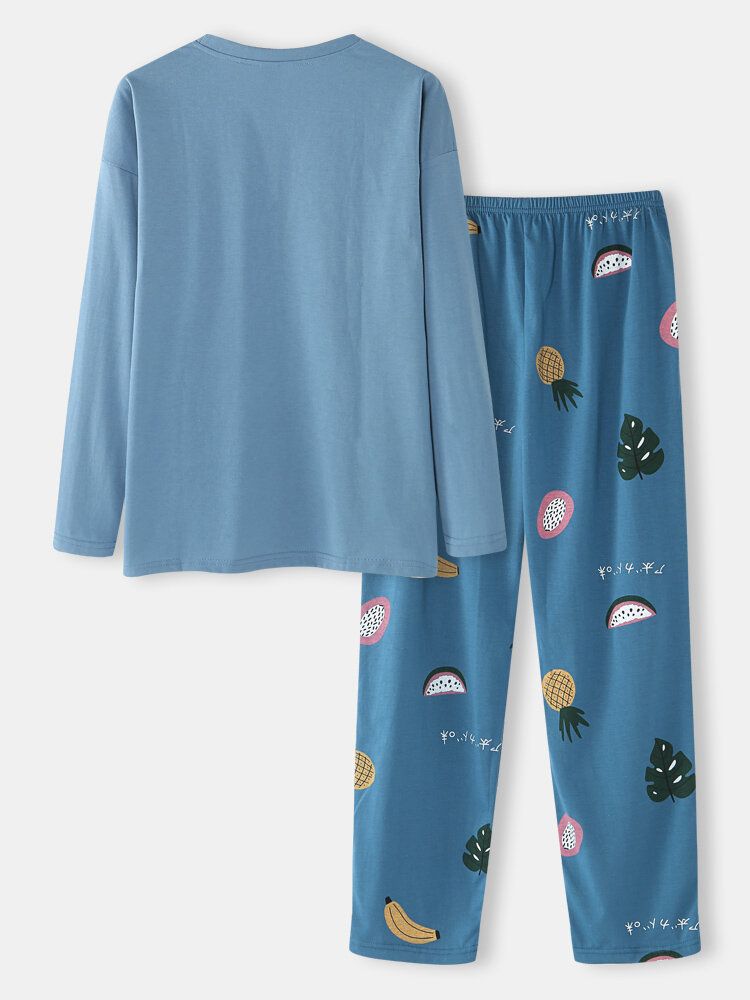 Pantalones Sueltos Con Cuello Redondo Y Estampado De Frutas De Dibujos Animados Para Mujer Conjuntos De Pijamas De Algodón Cómodos De Talla Grande Para El Hogar