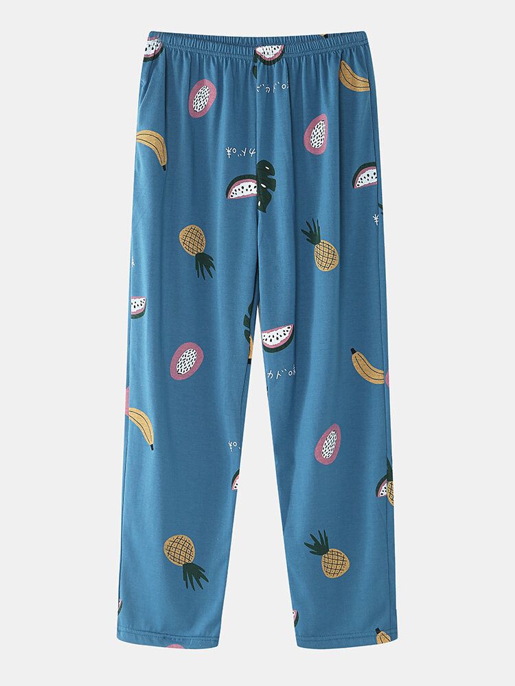 Pantalones Sueltos Con Cuello Redondo Y Estampado De Frutas De Dibujos Animados Para Mujer Conjuntos De Pijamas De Algodón Cómodos De Talla Grande Para El Hogar