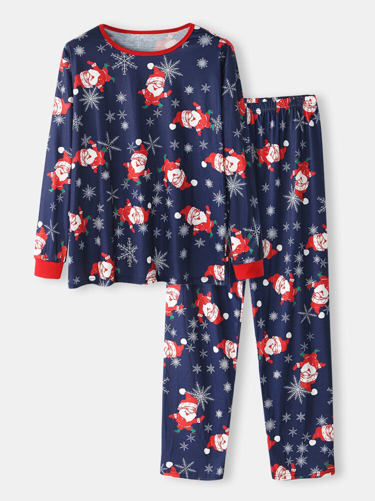 Pantalones Sueltos Con Cuello Redondo Y Estampado De Papá Noel De Dibujos Animados Para Hombre Conjunto De Pijamas Cómodos Para El Hogar