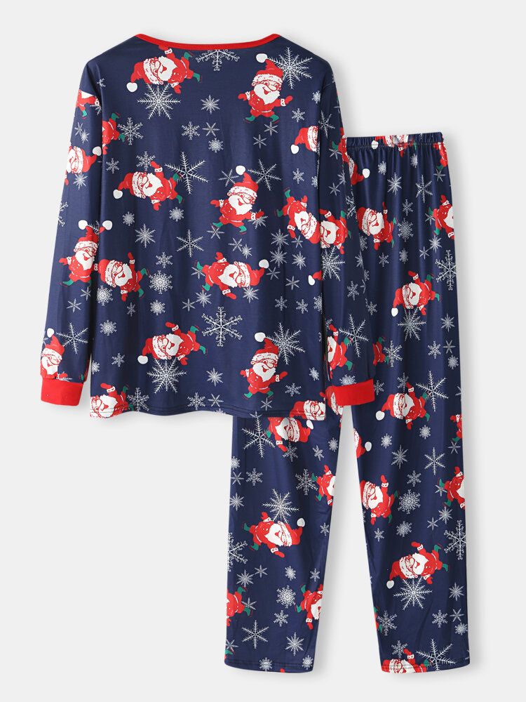 Pantalones Sueltos Con Cuello Redondo Y Estampado De Papá Noel De Dibujos Animados Para Hombre Conjunto De Pijamas Cómodos Para El Hogar