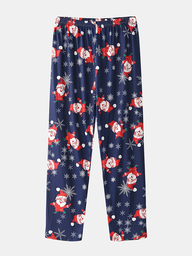 Pantalones Sueltos Con Cuello Redondo Y Estampado De Papá Noel De Dibujos Animados Para Hombre Conjunto De Pijamas Cómodos Para El Hogar