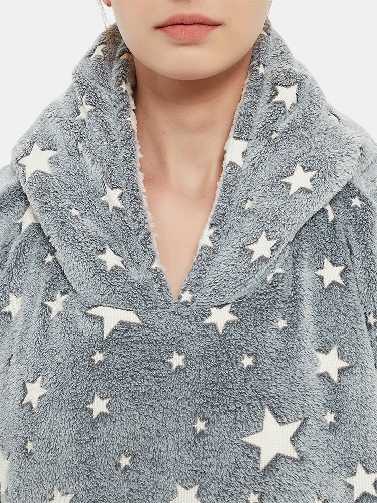 Patrón De Estrella Para Mujer Franela Mullida Manta Con Capucha Sudadera Con Capucha Forro Polar Cálido Bata De Gran Tamaño