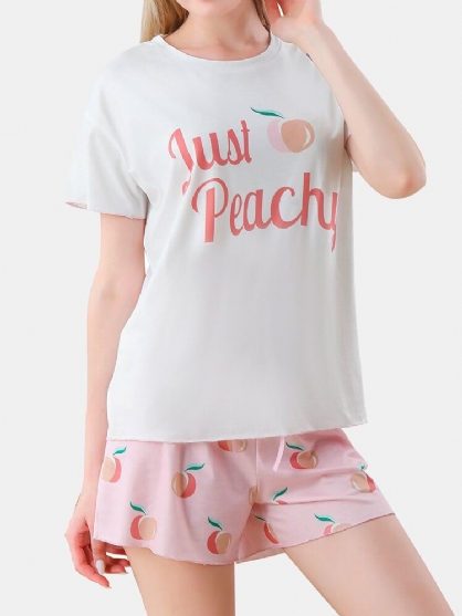 Pijamas Casuales Para El Hogar Con Cintura Elástica De Manga Corta Con Estampado De Letras Y Estampado De Melocotón Para Mujer