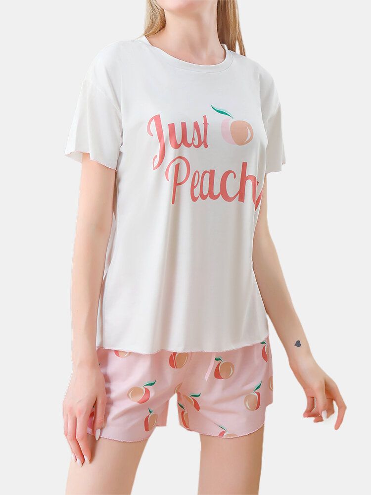 Pijamas Casuales Para El Hogar Con Cintura Elástica De Manga Corta Con Estampado De Letras Y Estampado De Melocotón Para Mujer