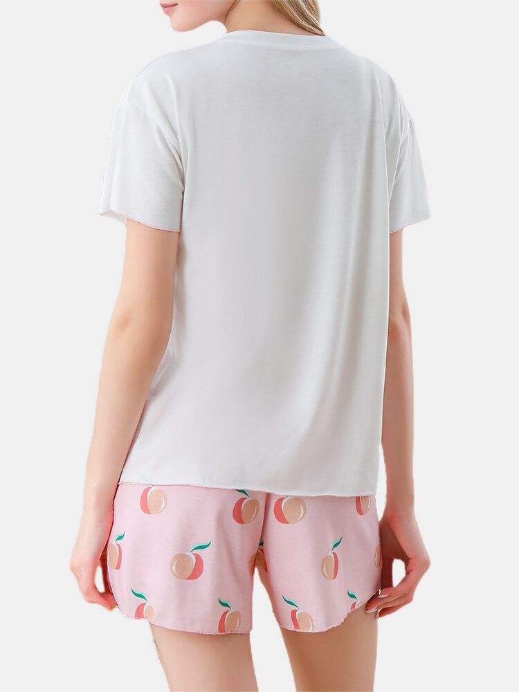 Pijamas Casuales Para El Hogar Con Cintura Elástica De Manga Corta Con Estampado De Letras Y Estampado De Melocotón Para Mujer