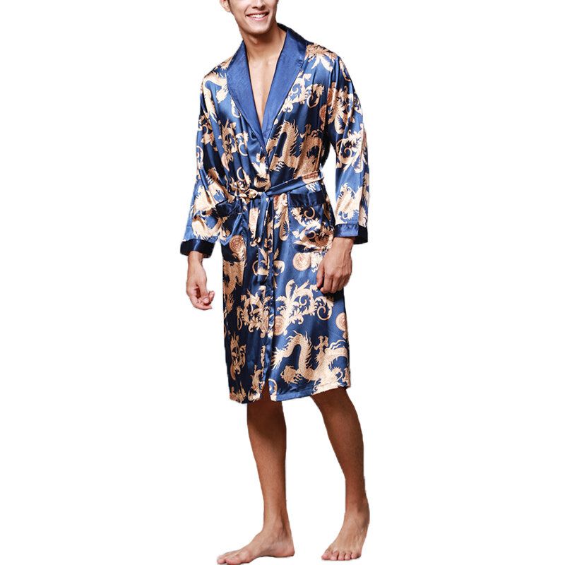 Pijamas De Seda Satinada Para Hombre Kimono Albornoz Bata Bata Ropa De Dormir Loungewear