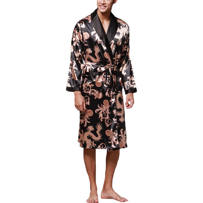 Pijamas De Seda Satinada Para Hombre Kimono Albornoz Bata Bata Ropa De Dormir Loungewear