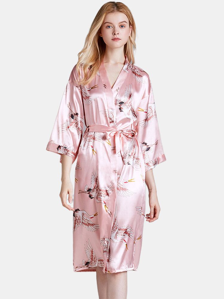 Ropa De Dormir De Kimono De Media Manga Con Estampado De Grúa De Talla Grande