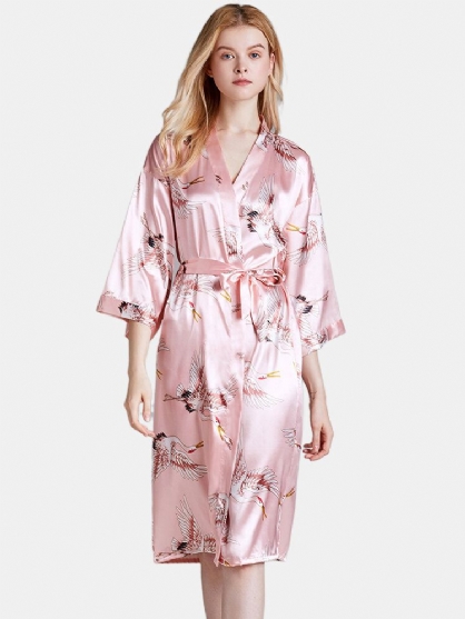 Ropa De Dormir De Kimono De Media Manga Con Estampado De Grúa De Talla Grande