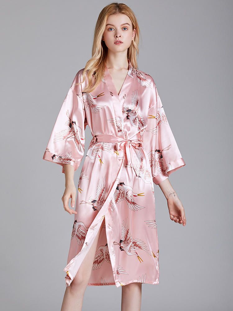 Ropa De Dormir De Kimono De Media Manga Con Estampado De Grúa De Talla Grande