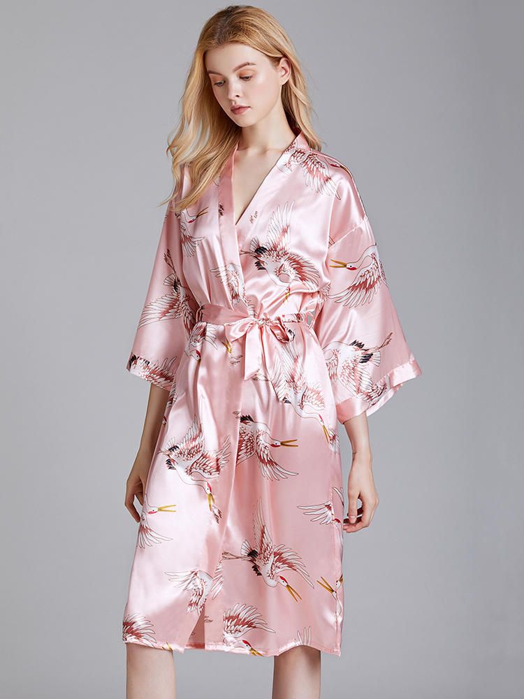 Ropa De Dormir De Kimono De Media Manga Con Estampado De Grúa De Talla Grande