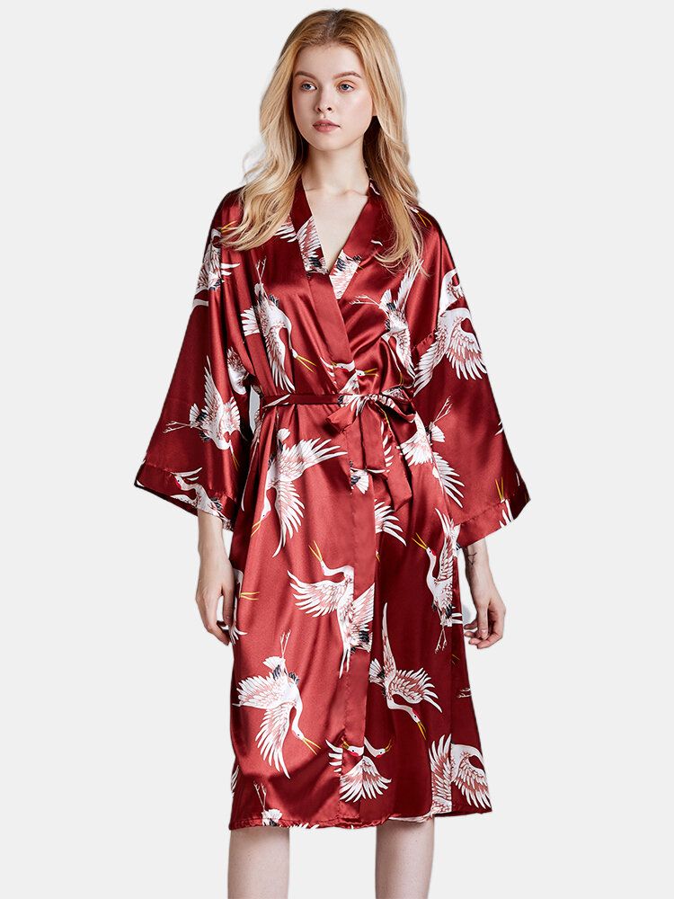 Ropa De Dormir De Kimono De Media Manga Con Estampado De Grúa De Talla Grande