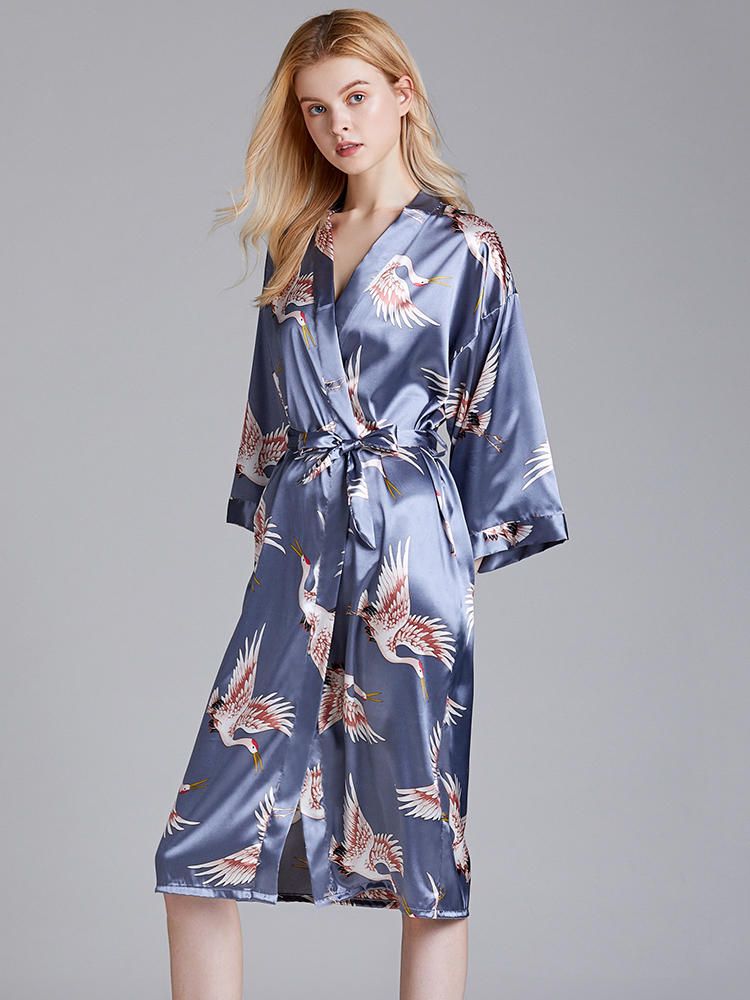 Ropa De Dormir De Kimono De Media Manga Con Estampado De Grúa De Talla Grande