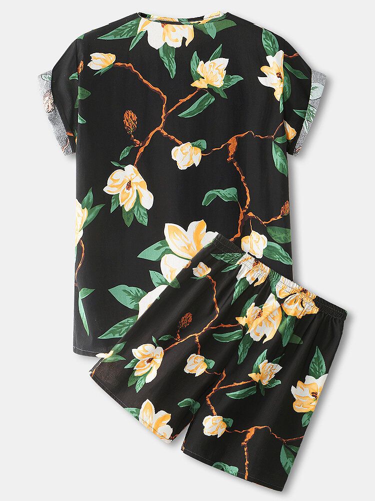 Ropa De Salón Corta Cómoda De Algodón Suelta Con Cuello En V Y Estampado Floral Para Hombre Con Bolsillo