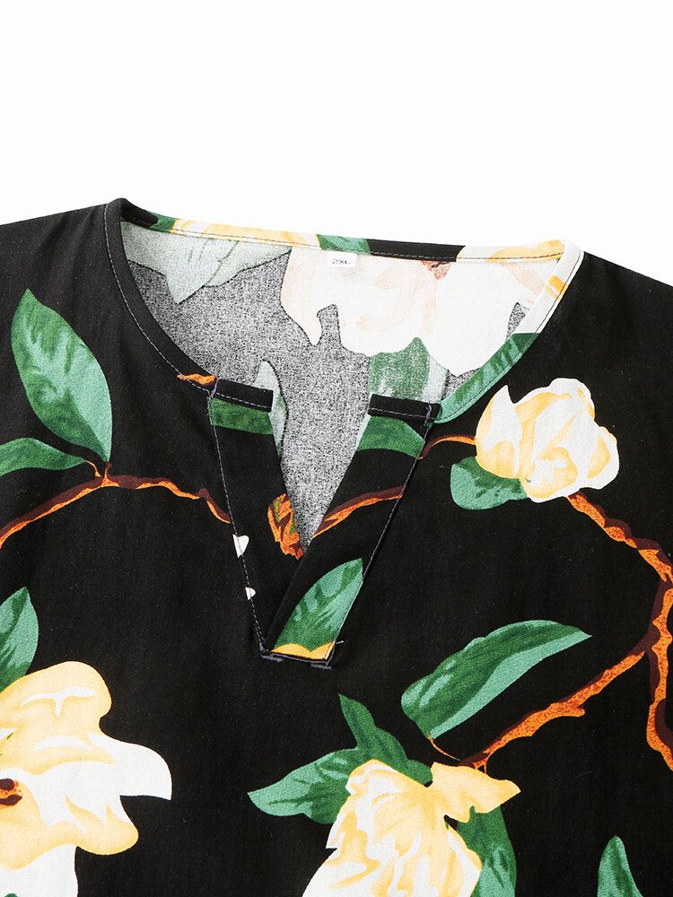 Ropa De Salón Corta Cómoda De Algodón Suelta Con Cuello En V Y Estampado Floral Para Hombre Con Bolsillo