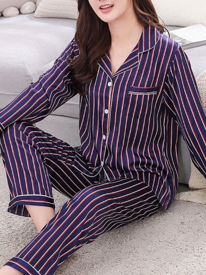 Stripe Camp Collar Pocket Manga Larga Cintura Elástica Faux Silk Home Conjuntos De Pijama Para Mujeres