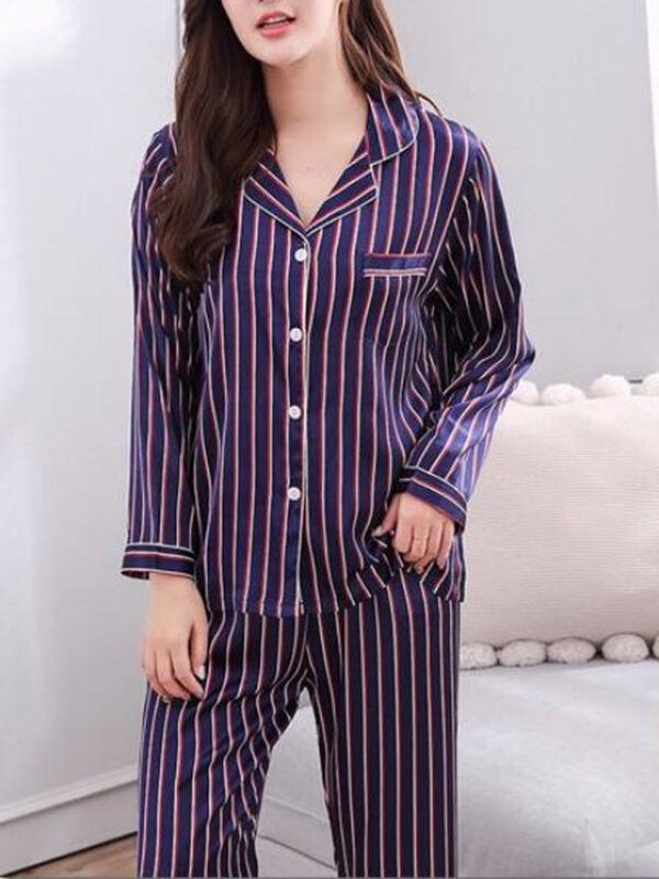 Stripe Camp Collar Pocket Manga Larga Cintura Elástica Faux Silk Home Conjuntos De Pijama Para Mujeres