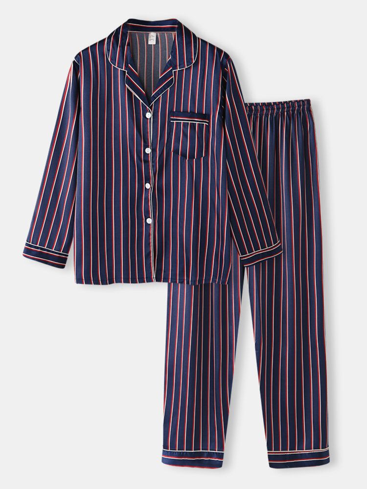 Stripe Camp Collar Pocket Manga Larga Cintura Elástica Faux Silk Home Conjuntos De Pijama Para Mujeres