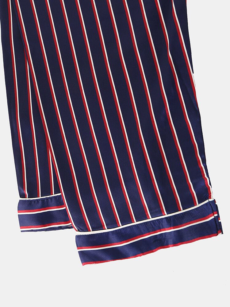 Stripe Camp Collar Pocket Manga Larga Cintura Elástica Faux Silk Home Conjuntos De Pijama Para Mujeres