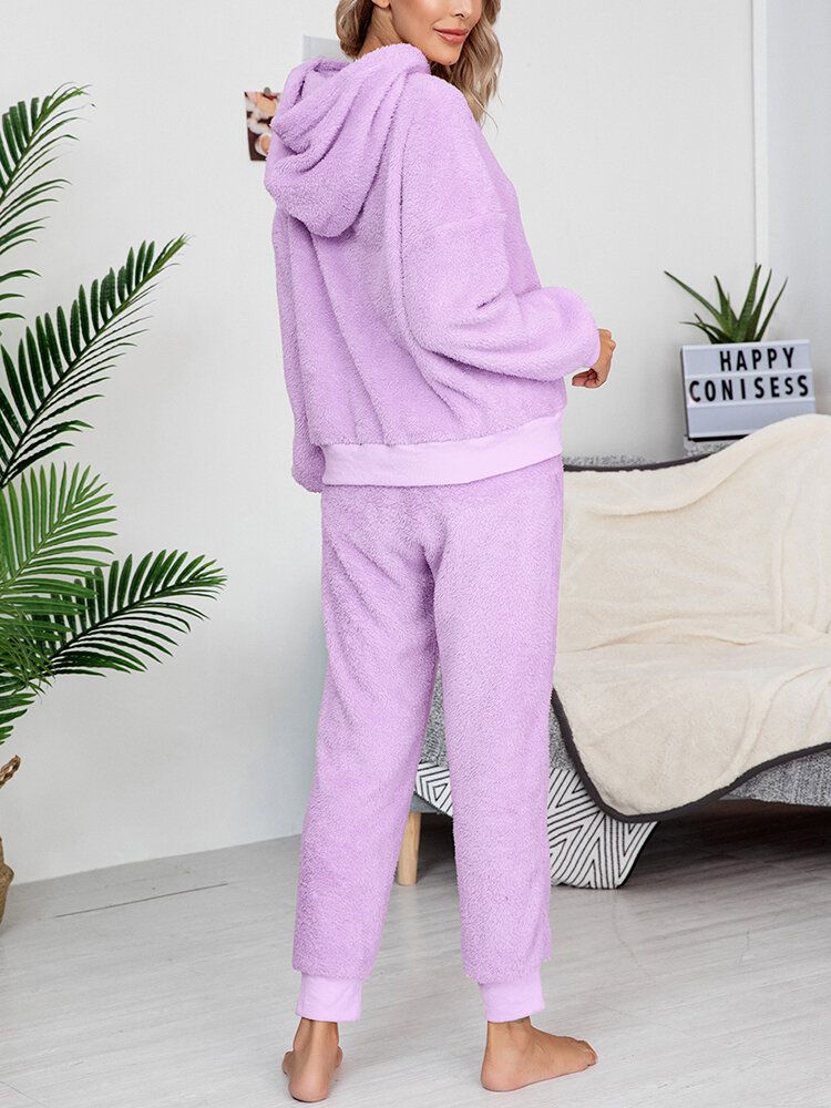 Sudadera Con Capucha De Color Sólido Grueso De Lana Para Mujer Pantalones De Chándal Conjunto De Pijamas Casuales Para El Hogar