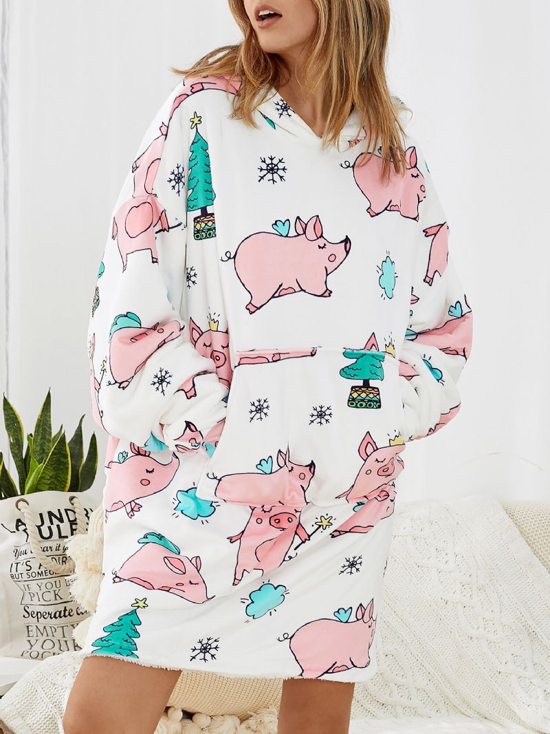 Sudadera Con Capucha De Gran Tamaño Con Estampado De Cerdo De Dibujos Animados Para Mujer Ropa De Dormir Cálida Para El Hogar Batas