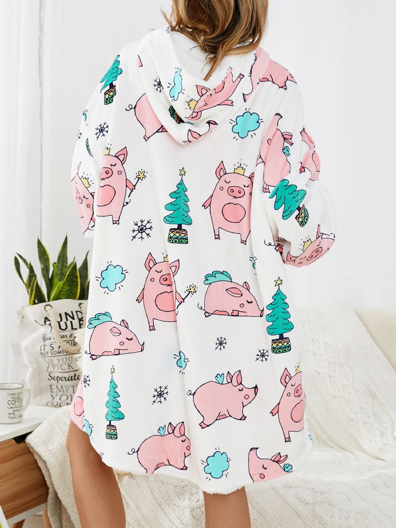 Sudadera Con Capucha De Gran Tamaño Con Estampado De Cerdo De Dibujos Animados Para Mujer Ropa De Dormir Cálida Para El Hogar Batas