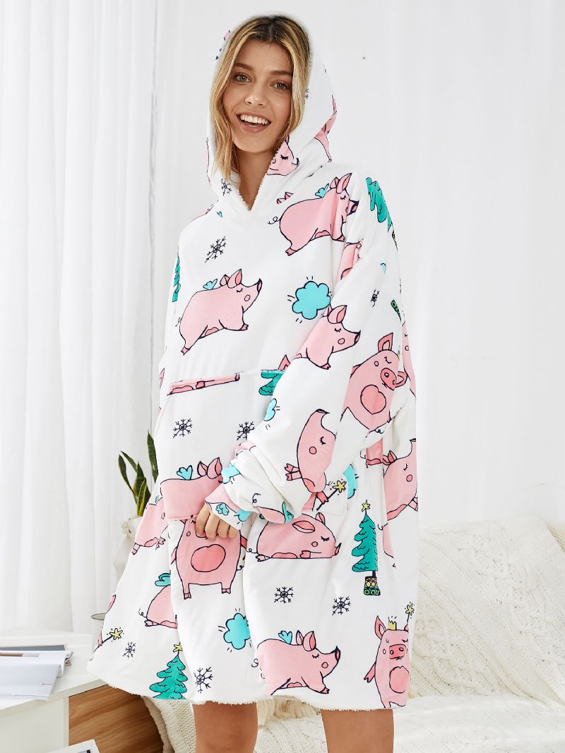 Sudadera Con Capucha De Gran Tamaño Con Estampado De Cerdo De Dibujos Animados Para Mujer Ropa De Dormir Cálida Para El Hogar Batas