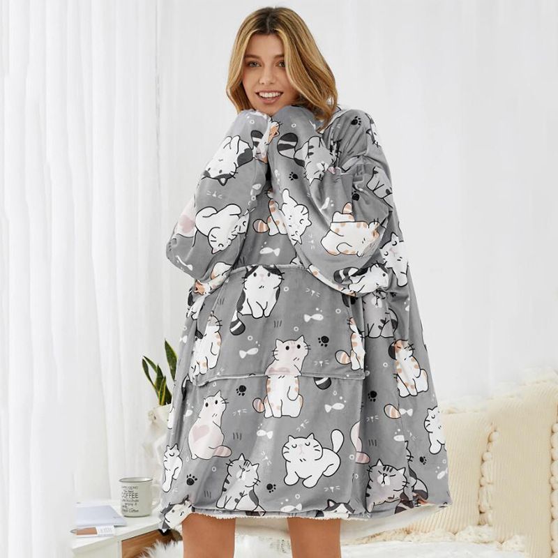 Sudadera Con Capucha De Gran Tamaño Con Estampado De Dibujos Animados Para Mujer Forro Polar Ropa De Dormir Para El Hogar Gruesa Batas