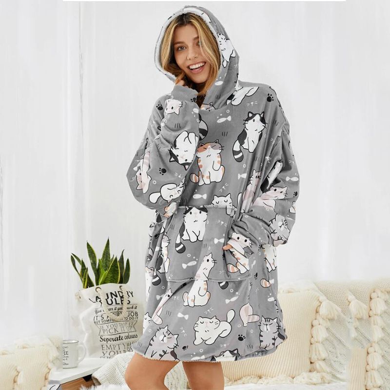 Sudadera Con Capucha De Gran Tamaño Con Estampado De Dibujos Animados Para Mujer Forro Polar Ropa De Dormir Para El Hogar Gruesa Batas