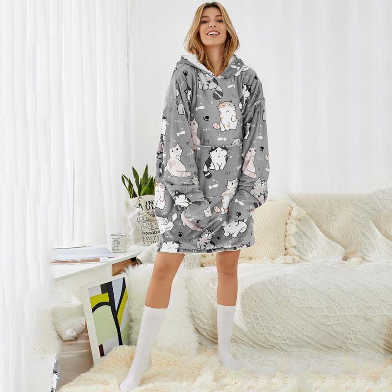 Sudadera Con Capucha De Gran Tamaño Con Estampado De Dibujos Animados Para Mujer Forro Polar Ropa De Dormir Para El Hogar Gruesa Batas