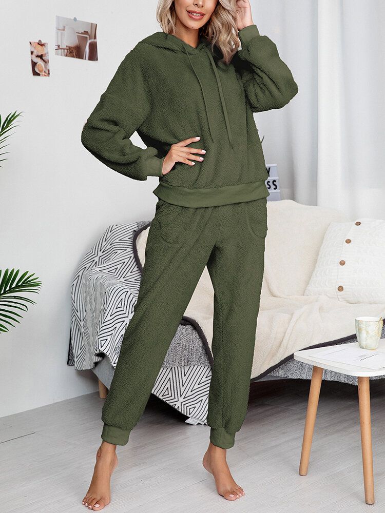 Sudadera Con Capucha De Lana De Color Sólido Para Mujer Pantalones De Chándal Conjunto De Pijama Difuso De Dos Piezas Para El Hogar