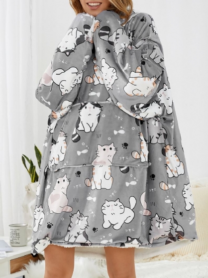 Sudadera Con Capucha De Manta Cálida Con Forro De Lana Gruesa Con Estampado De Gato De Dibujos Animados Lindo Para Mujer