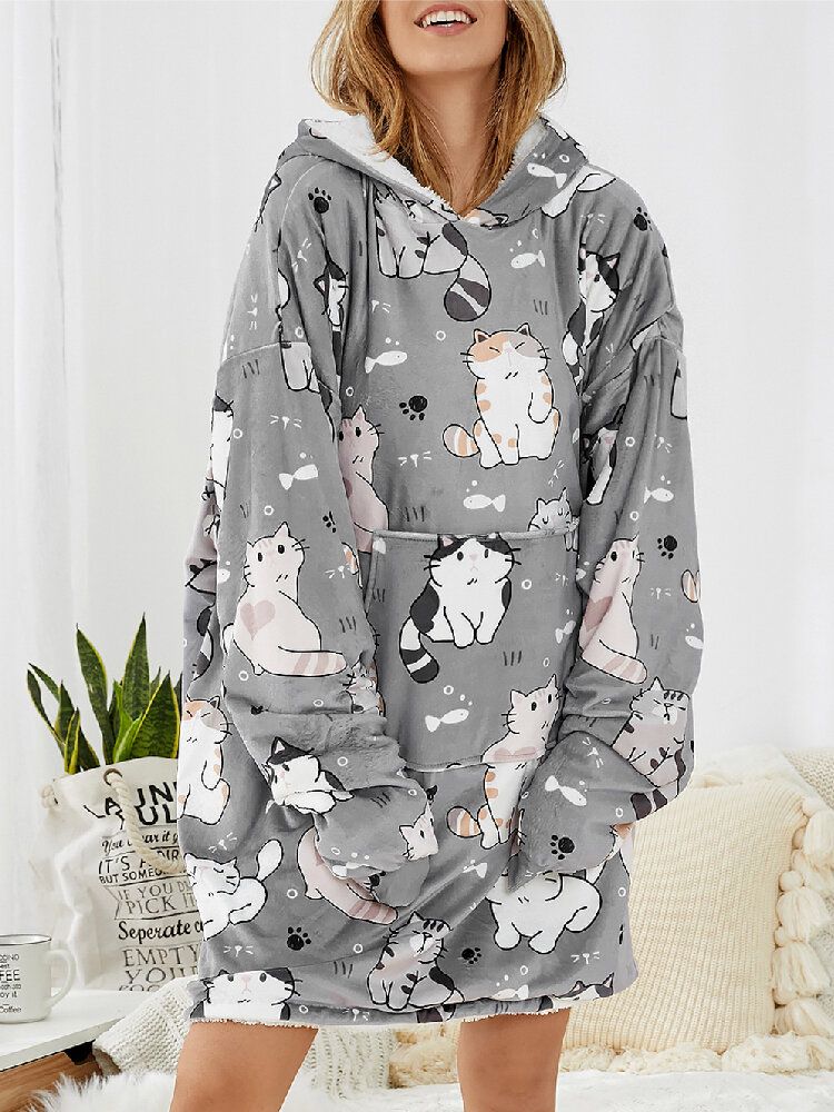 Sudadera Con Capucha De Manta Cálida Con Forro De Lana Gruesa Con Estampado De Gato De Dibujos Animados Lindo Para Mujer