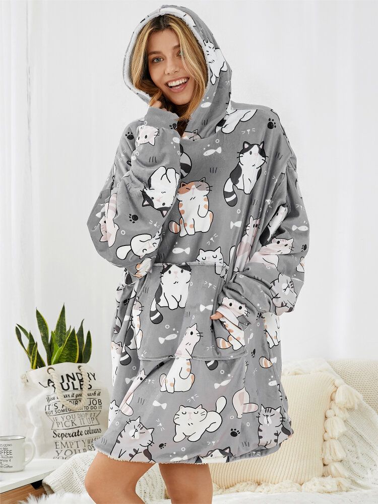 Sudadera Con Capucha De Manta Cálida Con Forro De Lana Gruesa Con Estampado De Gato De Dibujos Animados Lindo Para Mujer