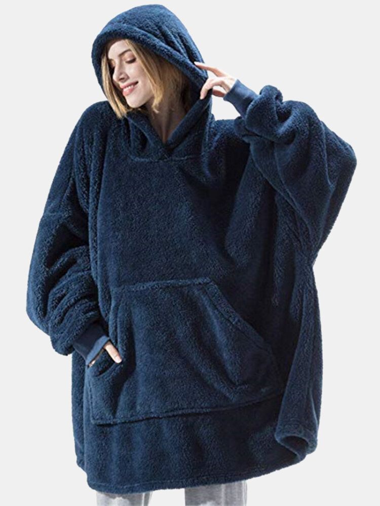 Sudadera Con Capucha De Manta De Color Sólido Cálido Gruesa De Gran Tamaño Para Mujer Bata De Dormir De Felpa Con Bolsillo