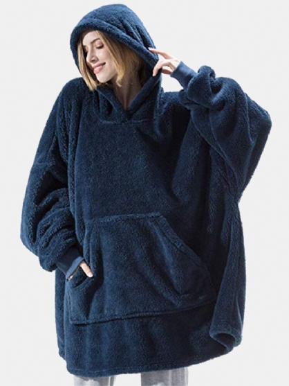 Sudadera Con Capucha De Manta De Color Sólido Cálido Gruesa De Gran Tamaño Para Mujer Bata De Dormir De Felpa Con Bolsillo