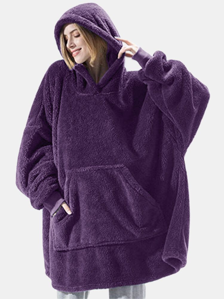 Sudadera Con Capucha De Manta De Color Sólido Cálido Gruesa De Gran Tamaño Para Mujer Bata De Dormir De Felpa Con Bolsillo