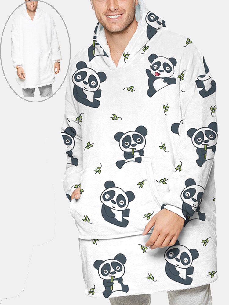 Sudadera Con Capucha De Manta De Dos Lados De Franela Con Estampado De Panda Lindo Para Hombre Con Bolsillo De Bolsa