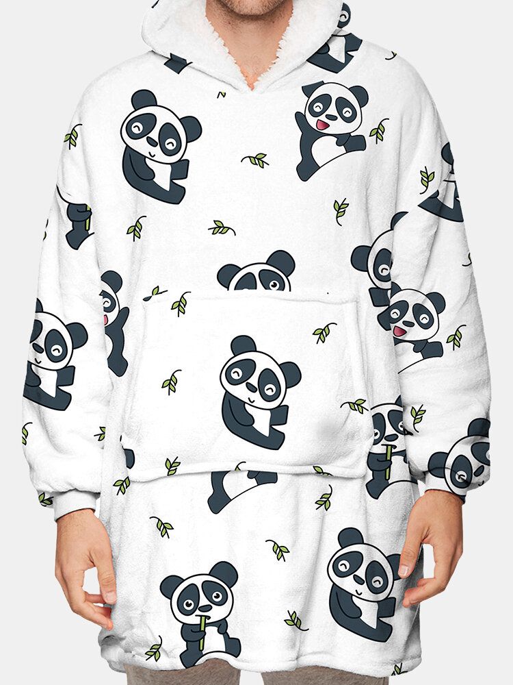 Sudadera Con Capucha De Manta De Dos Lados De Franela Con Estampado De Panda Lindo Para Hombre Con Bolsillo De Bolsa