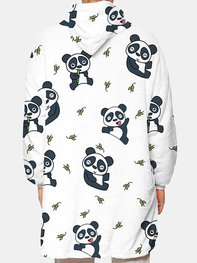 Sudadera Con Capucha De Manta De Dos Lados De Franela Con Estampado De Panda Lindo Para Hombre Con Bolsillo De Bolsa