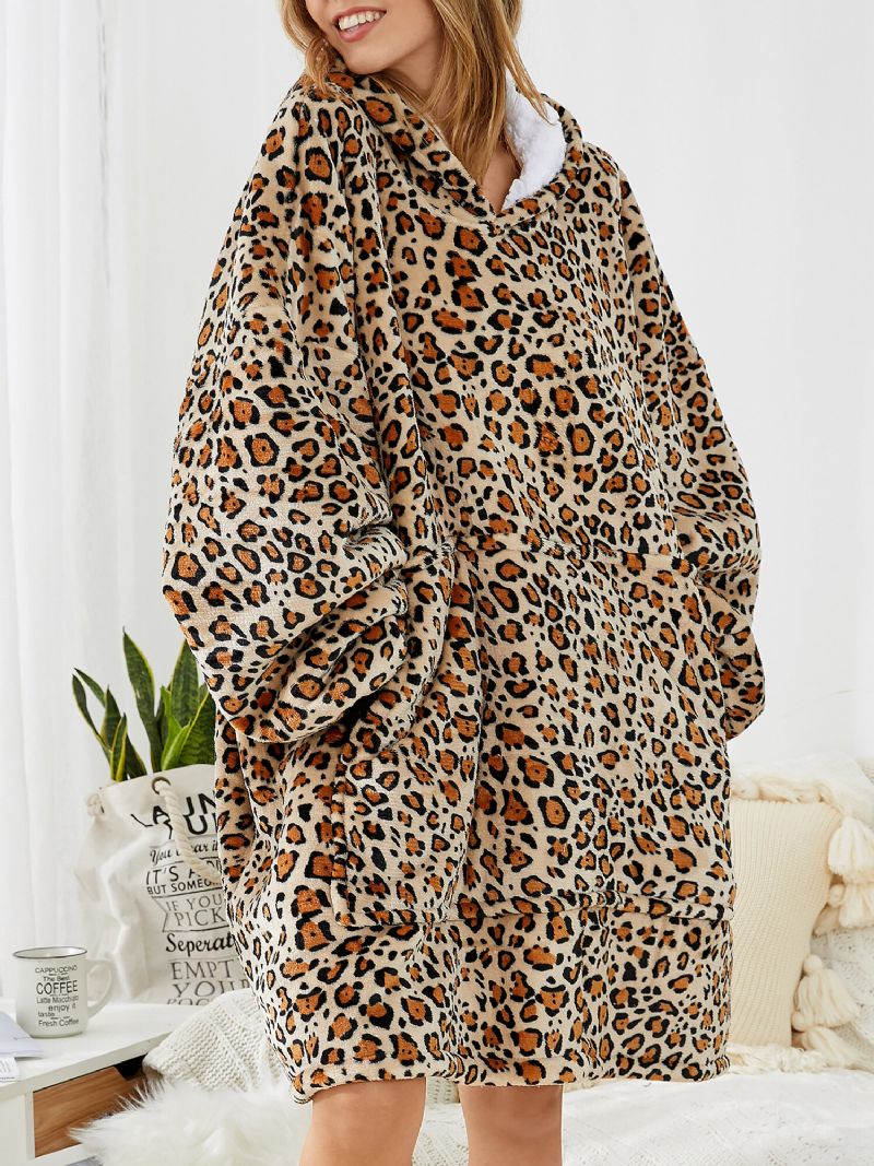 Sudadera Con Capucha De Manta De Gran Tamaño Con Forro Polar De Franela De Leopardo Para Mujer Con Bolsillo Grande